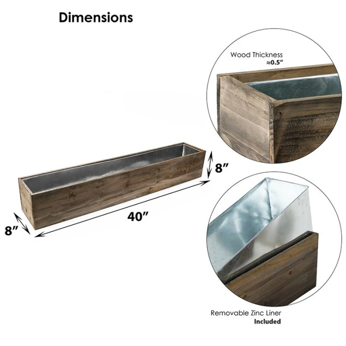 Wood Rectangle Planter Box With Metal Zinc Liner, 8" X 40" X 8" (Wholesale 2 PCS/Case) 2 Wood Rectangle Planter Box With Metal Zinc Liner, 8" X 40" X 8" (Wholesale 2 PCS/Case) - Image 2