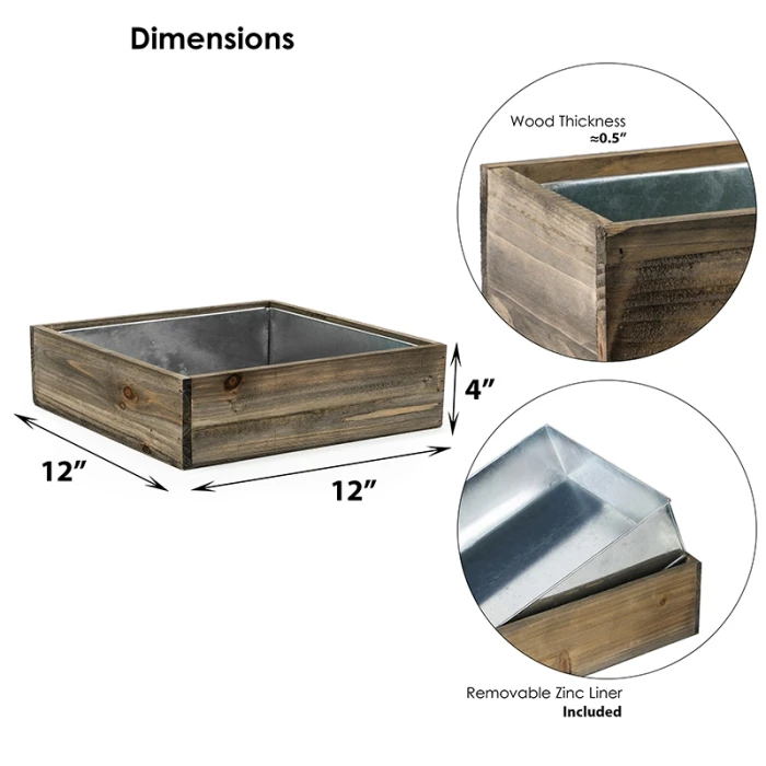 Wood Square Planter Box With Metal Zinc Liner, 12" X 12" X 4" (Wholesale 6 PCS/Case) 2 Wood Square Planter Box With Metal Zinc Liner, 12" X 12" X 4" (Wholesale 6 PCS/Case) - Image 2